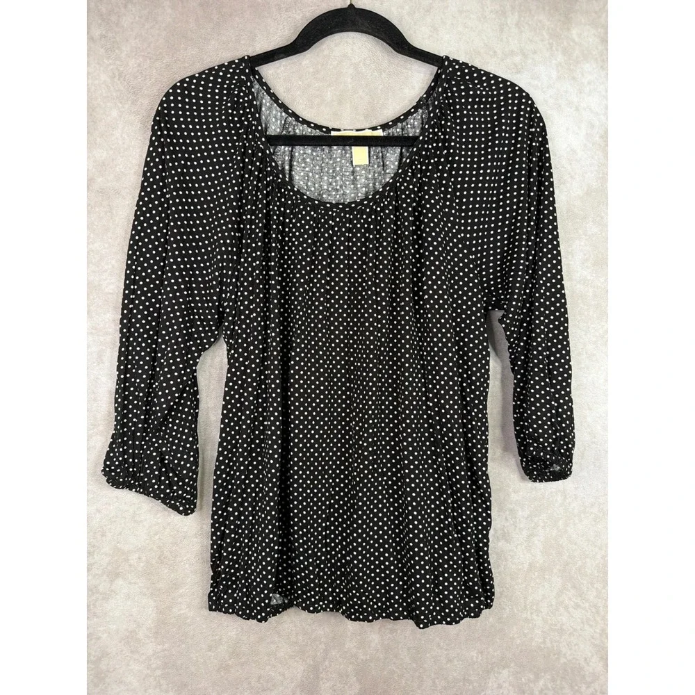 Michael Kors Blouse Womens L Black Polka Dot 3/4 Sleeve Viscose Scoop Neck